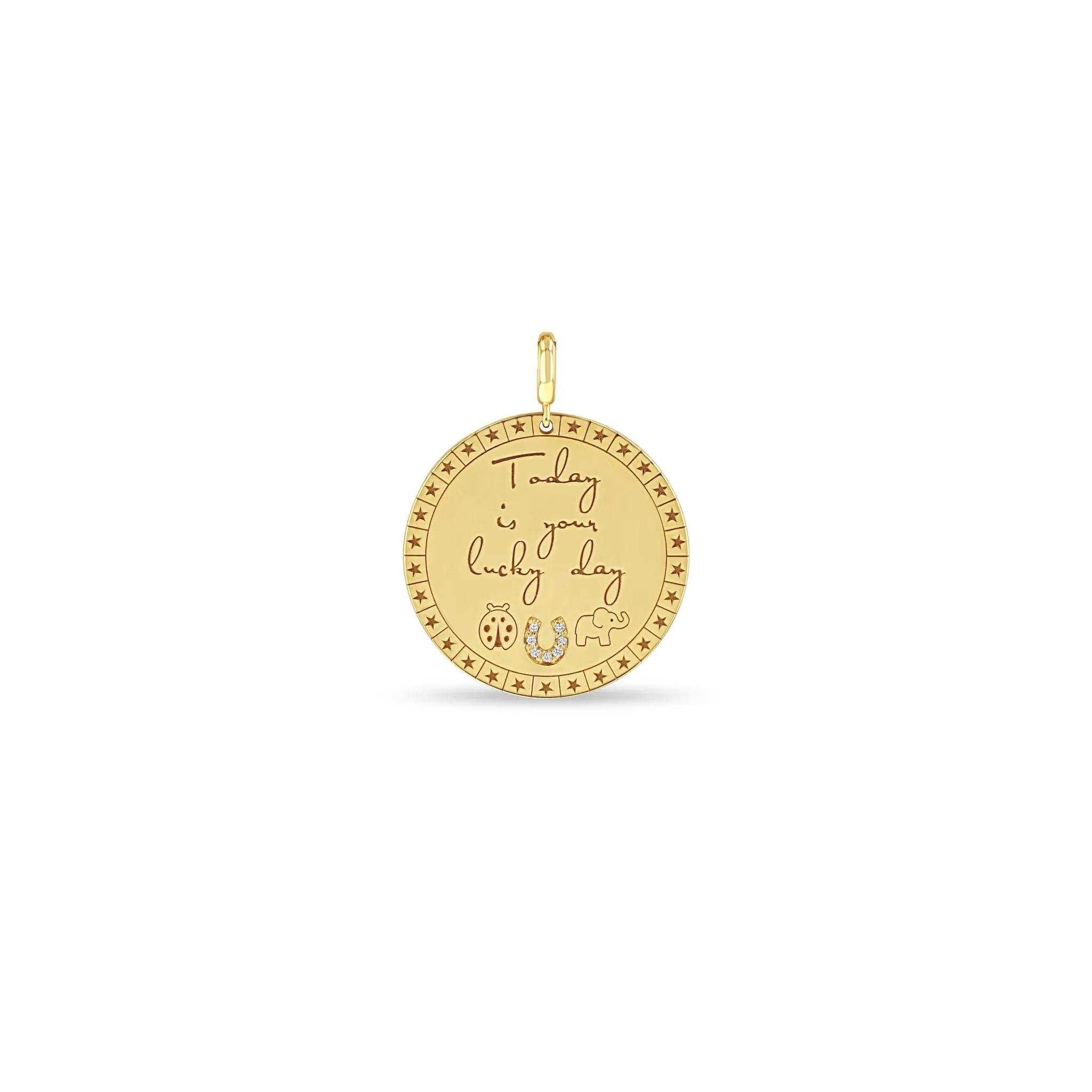 14k Single Large Today is your lucky day Mantra with Lucky Symbols Charm Pendant