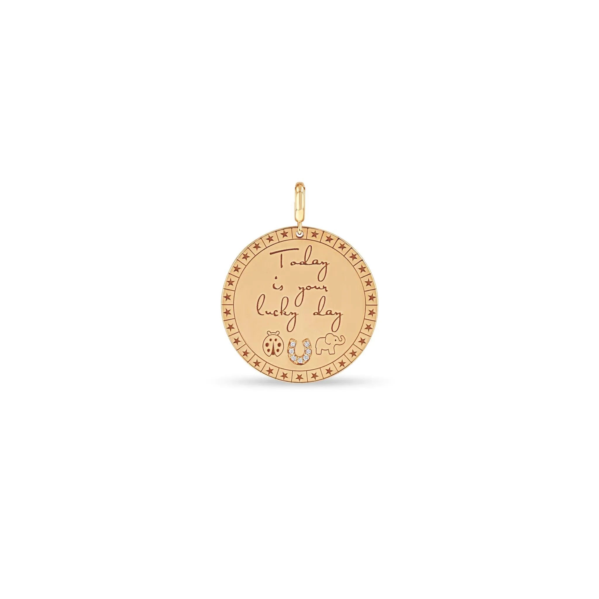 14k Single Large Today is your lucky day Mantra with Lucky Symbols Charm Pendant