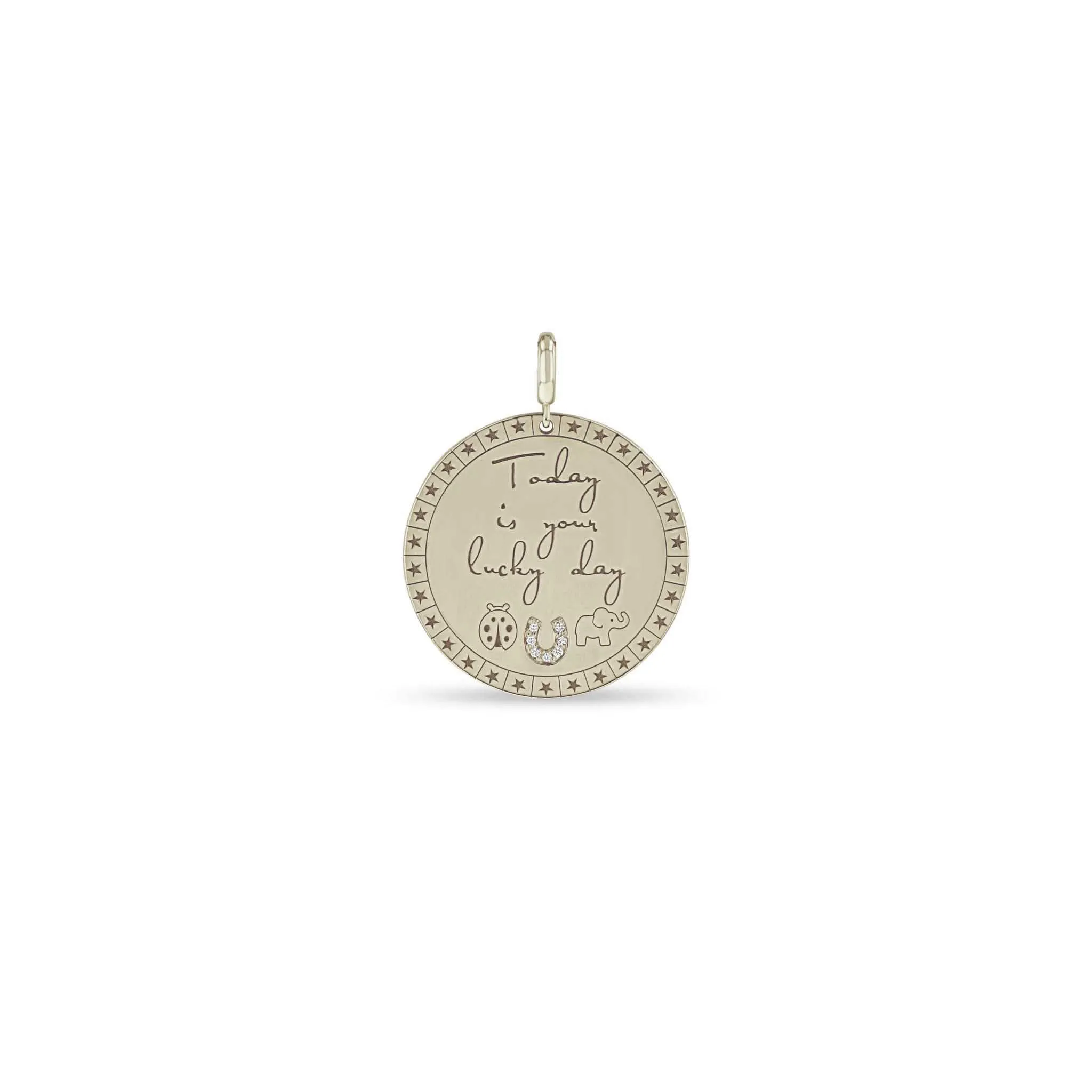 14k Single Large Today is your lucky day Mantra with Lucky Symbols Charm Pendant