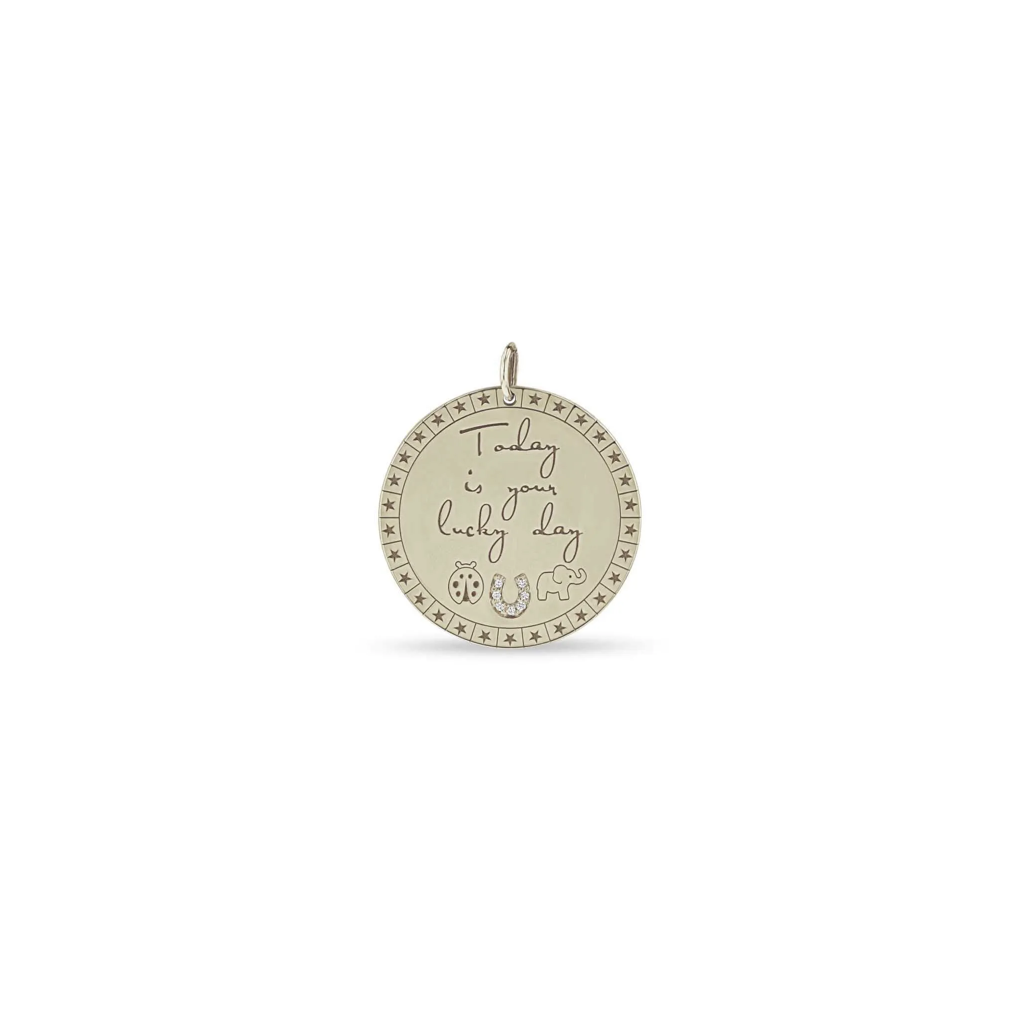 14k Single Large Today is your lucky day Mantra with Lucky Symbols Charm Pendant