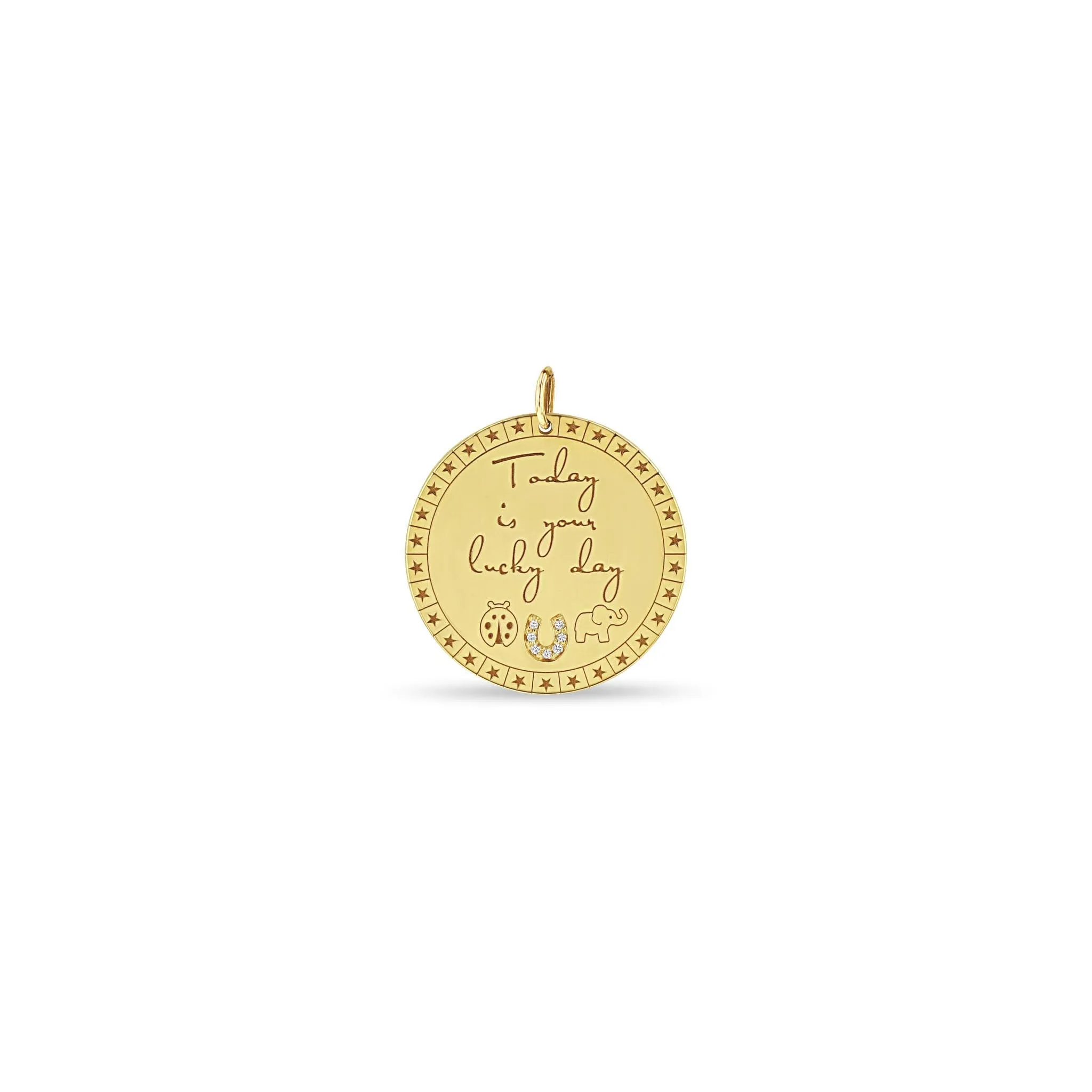 14k Single Large Today is your lucky day Mantra with Lucky Symbols Charm Pendant