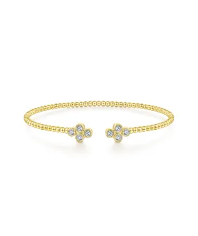 14K Yellow Gold Bujukan Bead Split Cuff Bracelet with Quatrefoil Diamond Endcaps