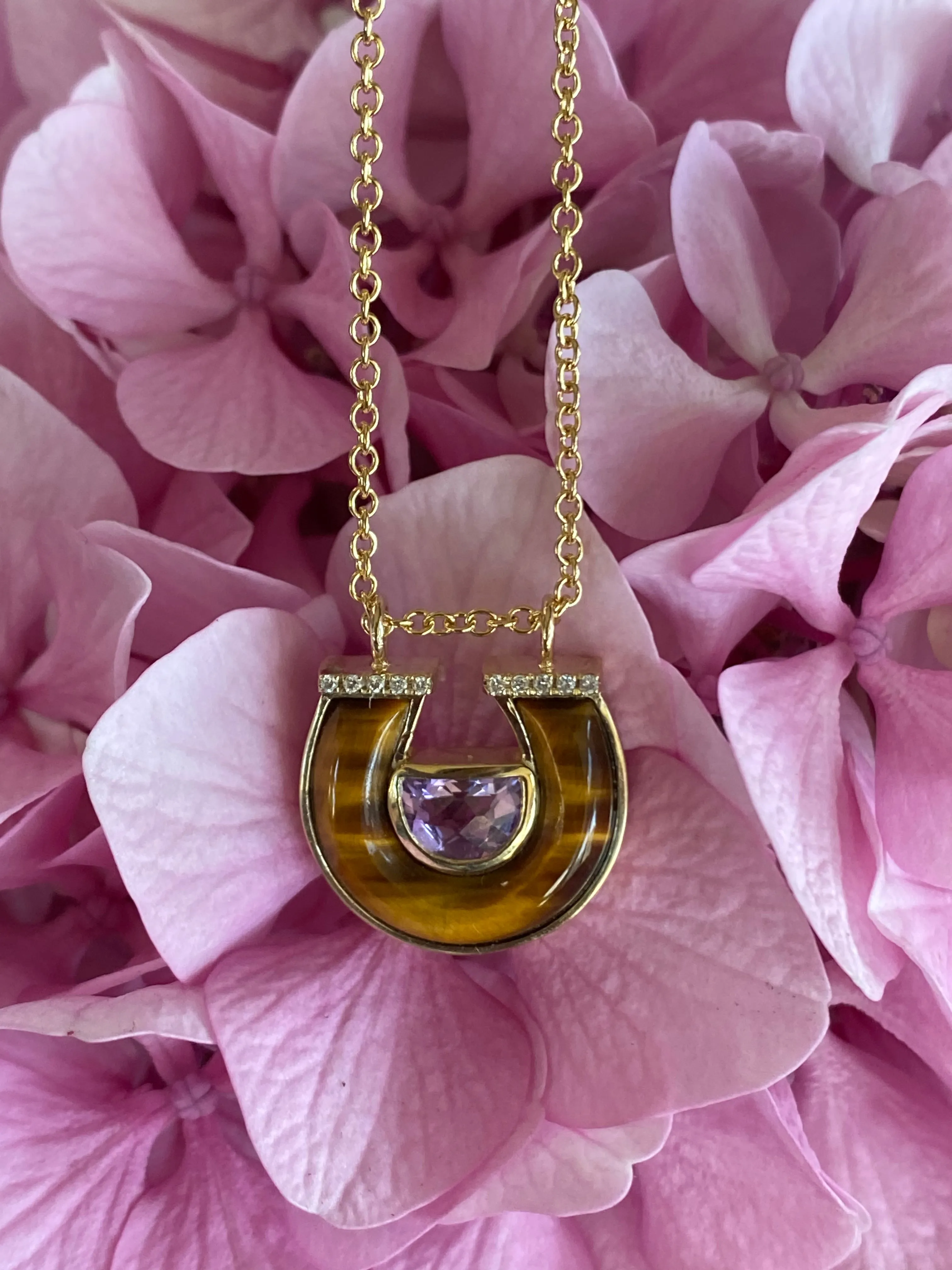 14K YG Amethyst, Tiger's Eye and Diamond Horseshoe Necklace