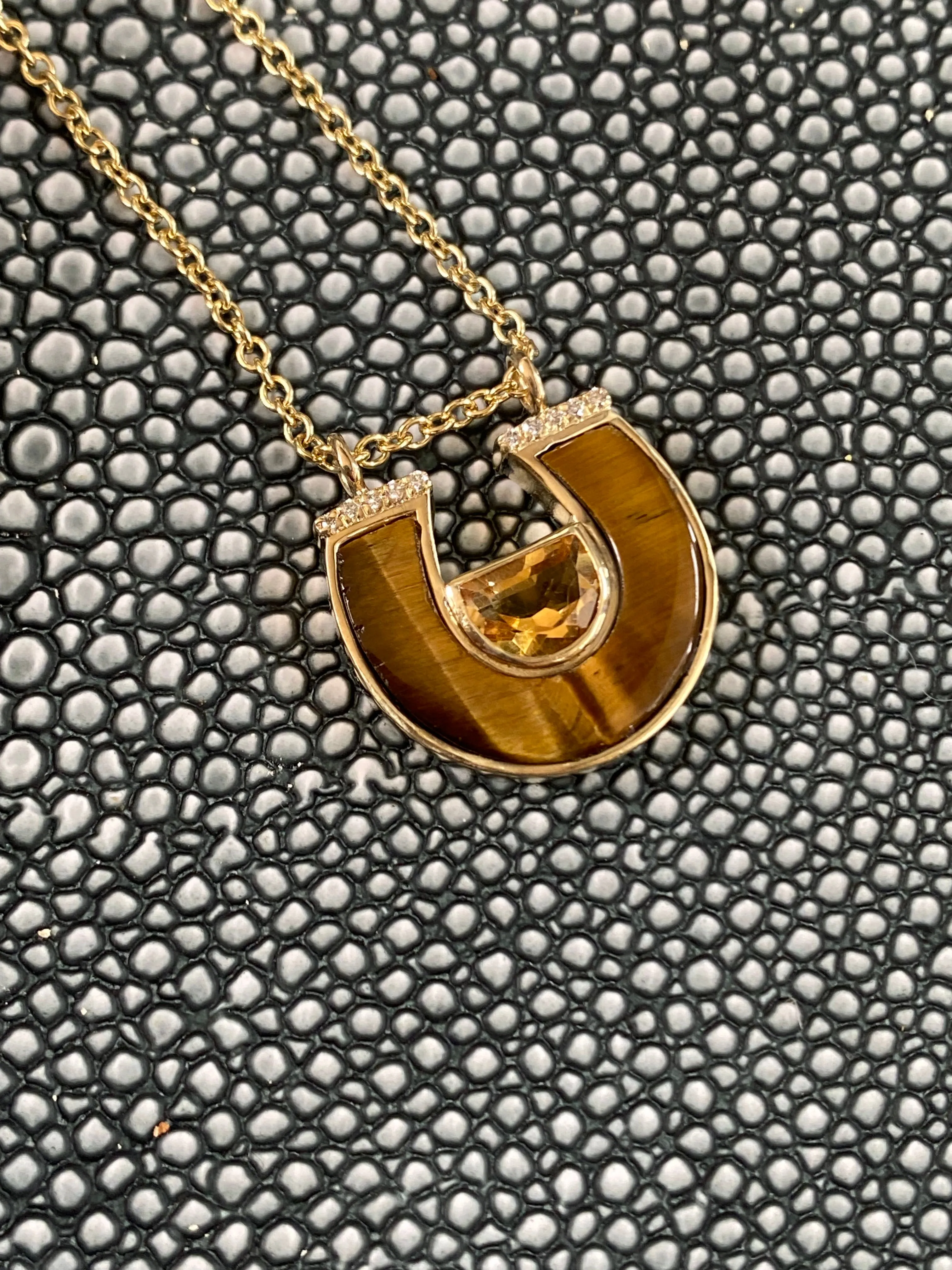 14K YG Citrine, Tiger's Eye and Diamond Horseshoe Necklace