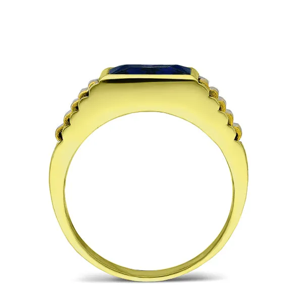 18K Yellow Gold Plated Mens Heavy Silver Ring with Blue Sapphire Gemstone All Sz