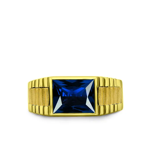 18K Yellow Gold Plated Mens Heavy Silver Ring with Blue Sapphire Gemstone All Sz