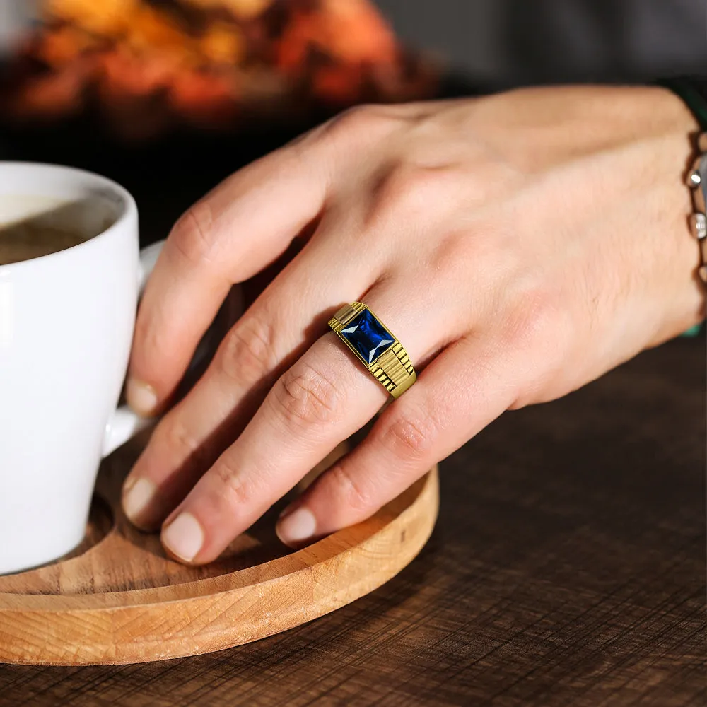 18K Yellow Gold Plated Mens Heavy Silver Ring with Blue Sapphire Gemstone All Sz