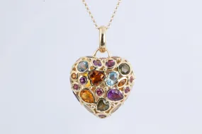 20" 14k Yellow Gold Multi-Gemstone Puffy Heart Pendant Necklace (13.88g.)