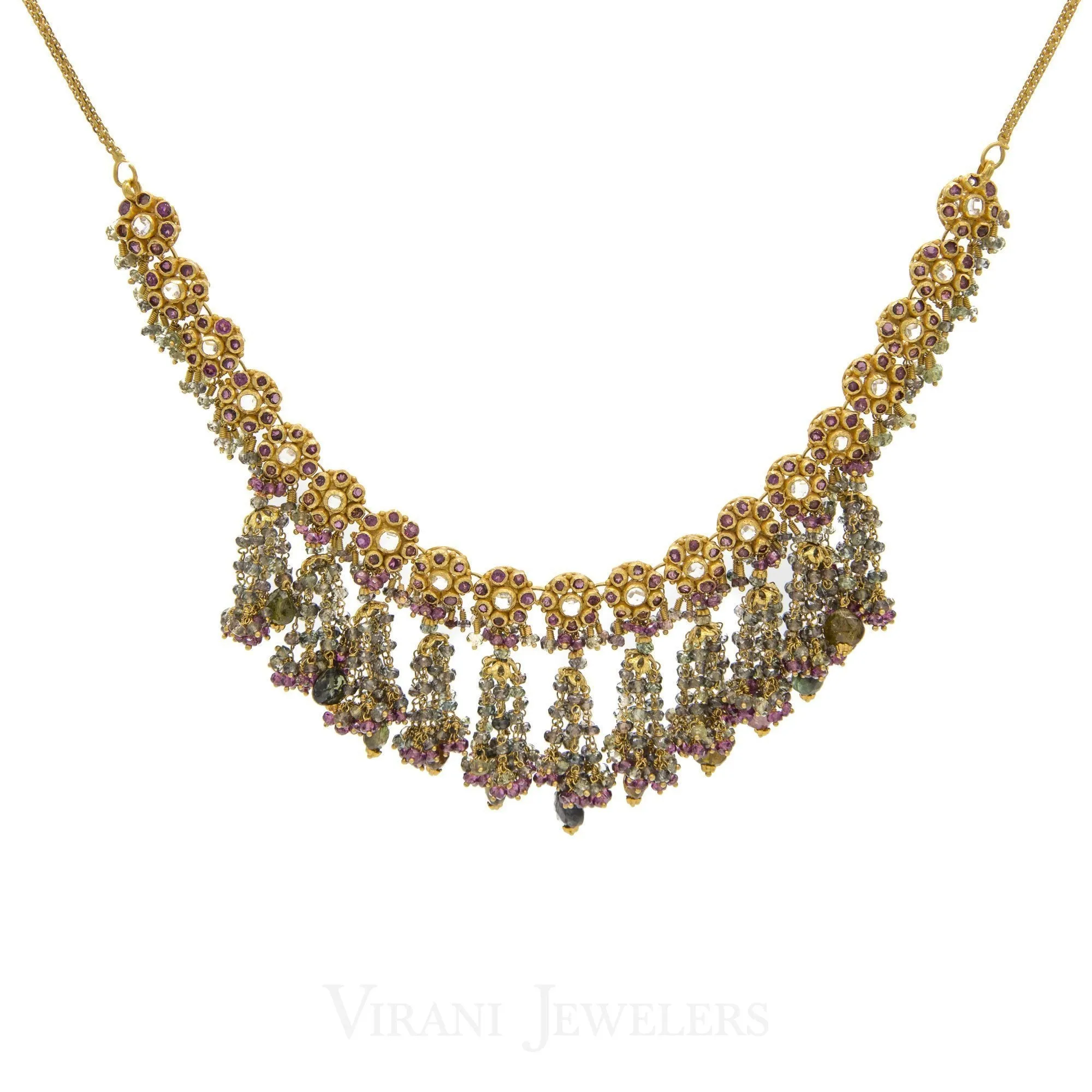 22K Yellow Gold Necklace and Earrings Set W/ Kundan & Floral Chandelier Design