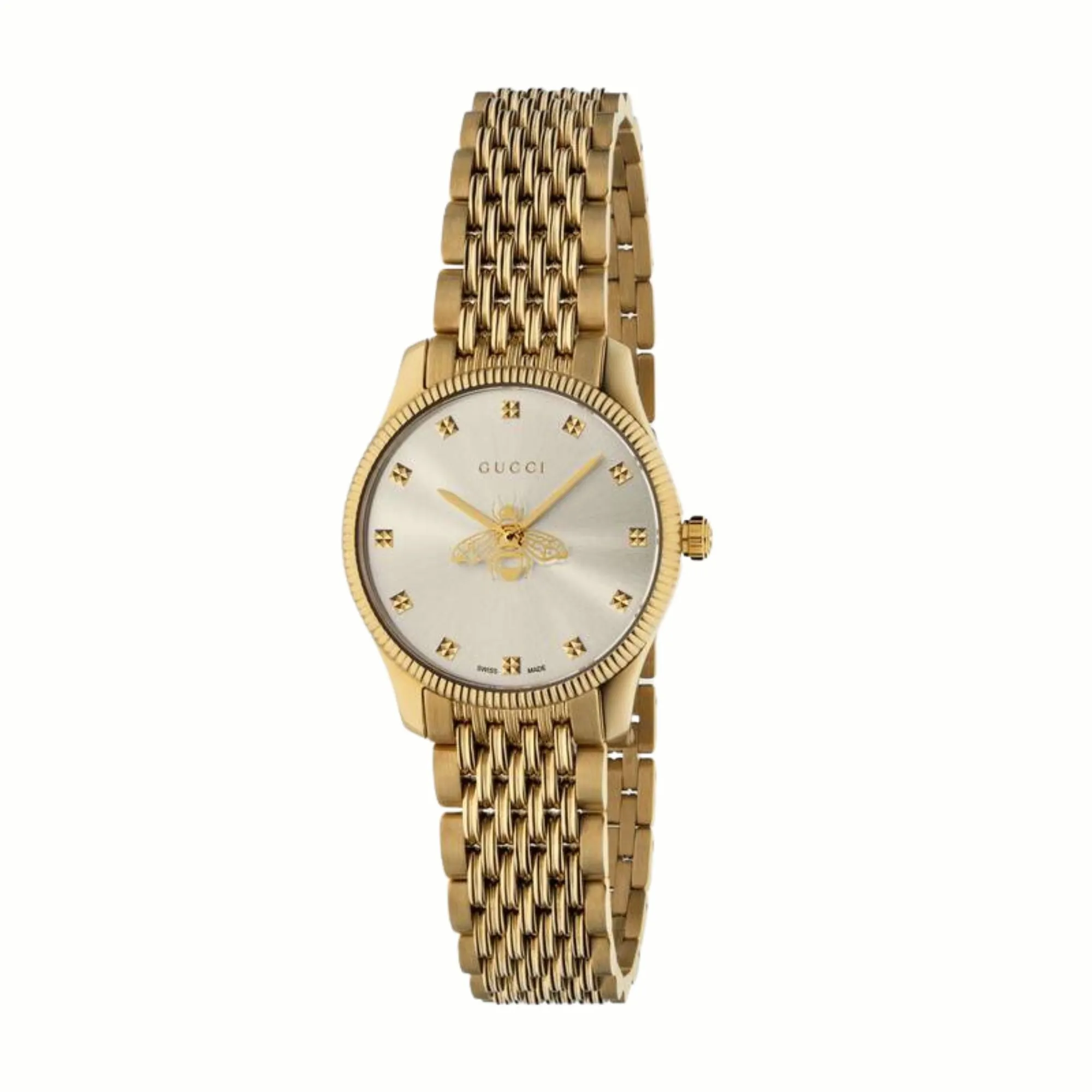 36MM GUCCI G-TIMELESS QUARTZ WATCH WITH SILVER BEE DIAL AND YELLOW GOLD STAINLESS STEEL BEZEL