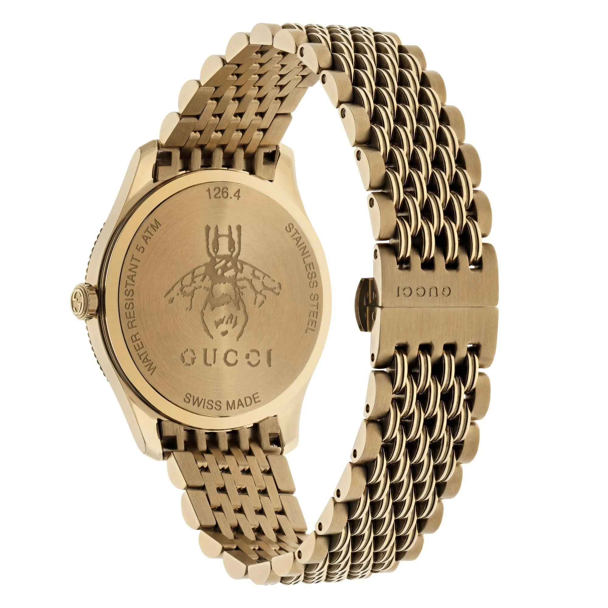 36MM GUCCI G-TIMELESS QUARTZ WATCH WITH SILVER BEE DIAL AND YELLOW GOLD STAINLESS STEEL BEZEL