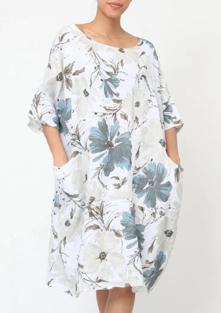 670 Floral Linen Dress With Side Pockets