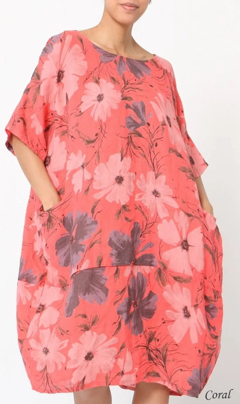 670 Floral Linen Dress With Side Pockets