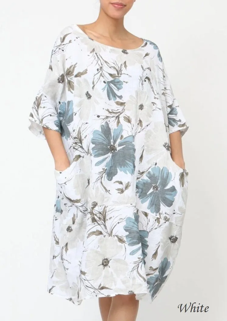 670 Floral Linen Dress With Side Pockets