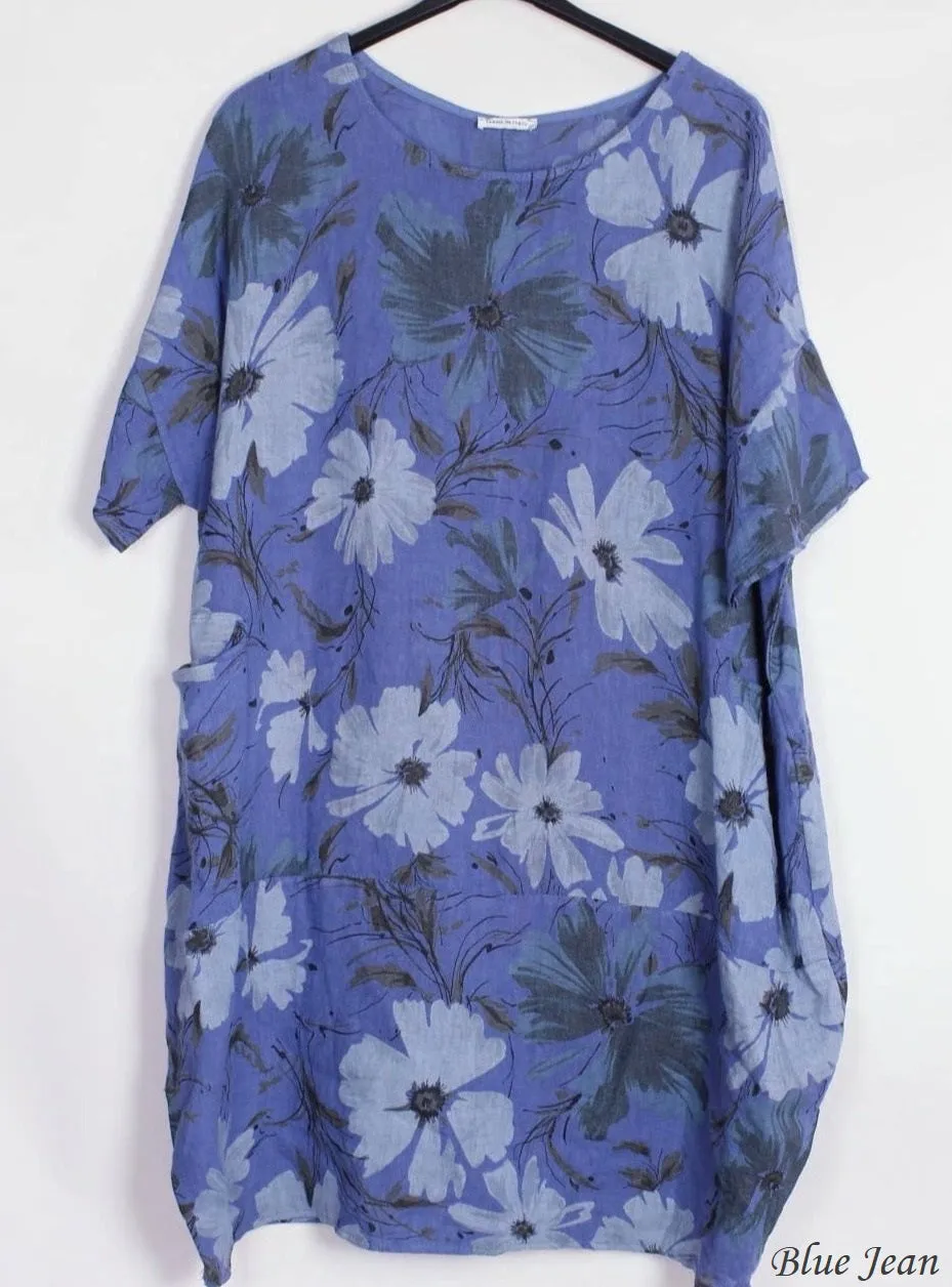 670 Floral Linen Dress With Side Pockets