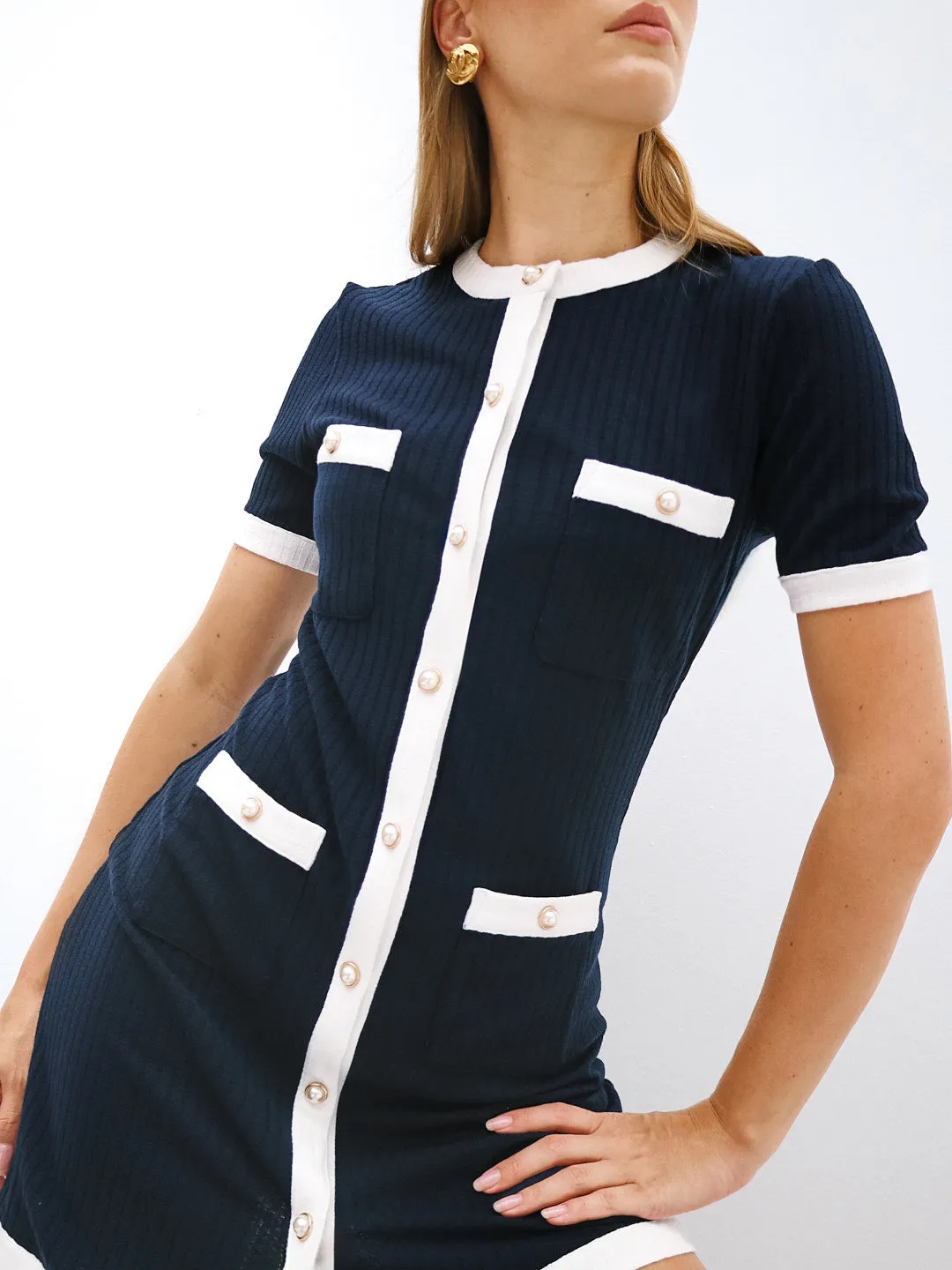 Amalia Timeless Button Through Day Dress | Navy/White