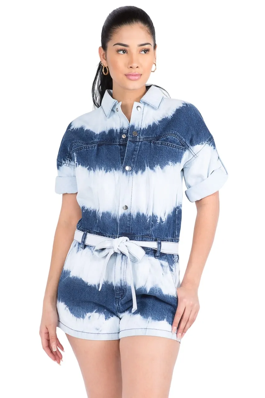 American Bazi Women's Tie-Dye Denim Romper