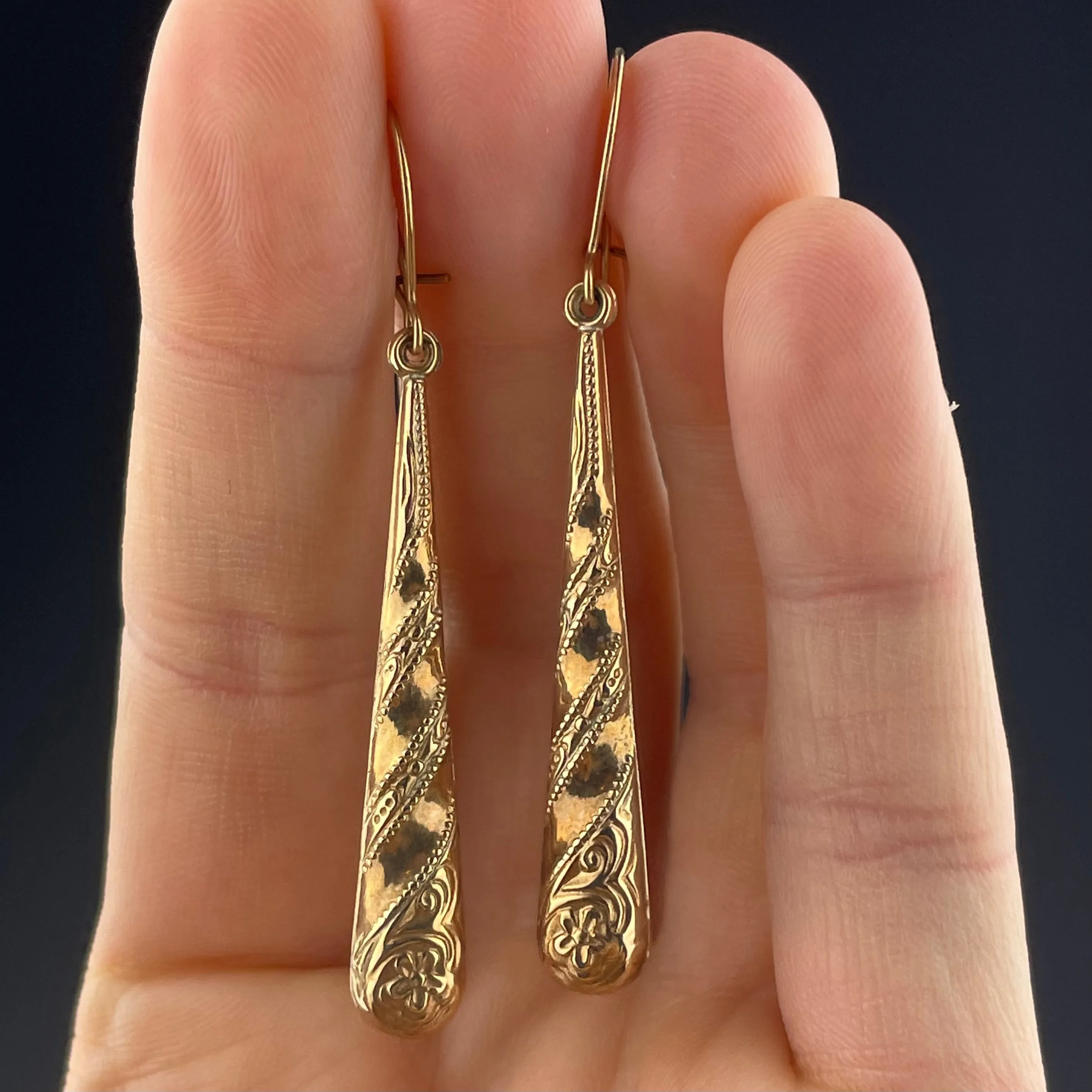 Antique Carved Floral 9K Gold Dangle Earrings