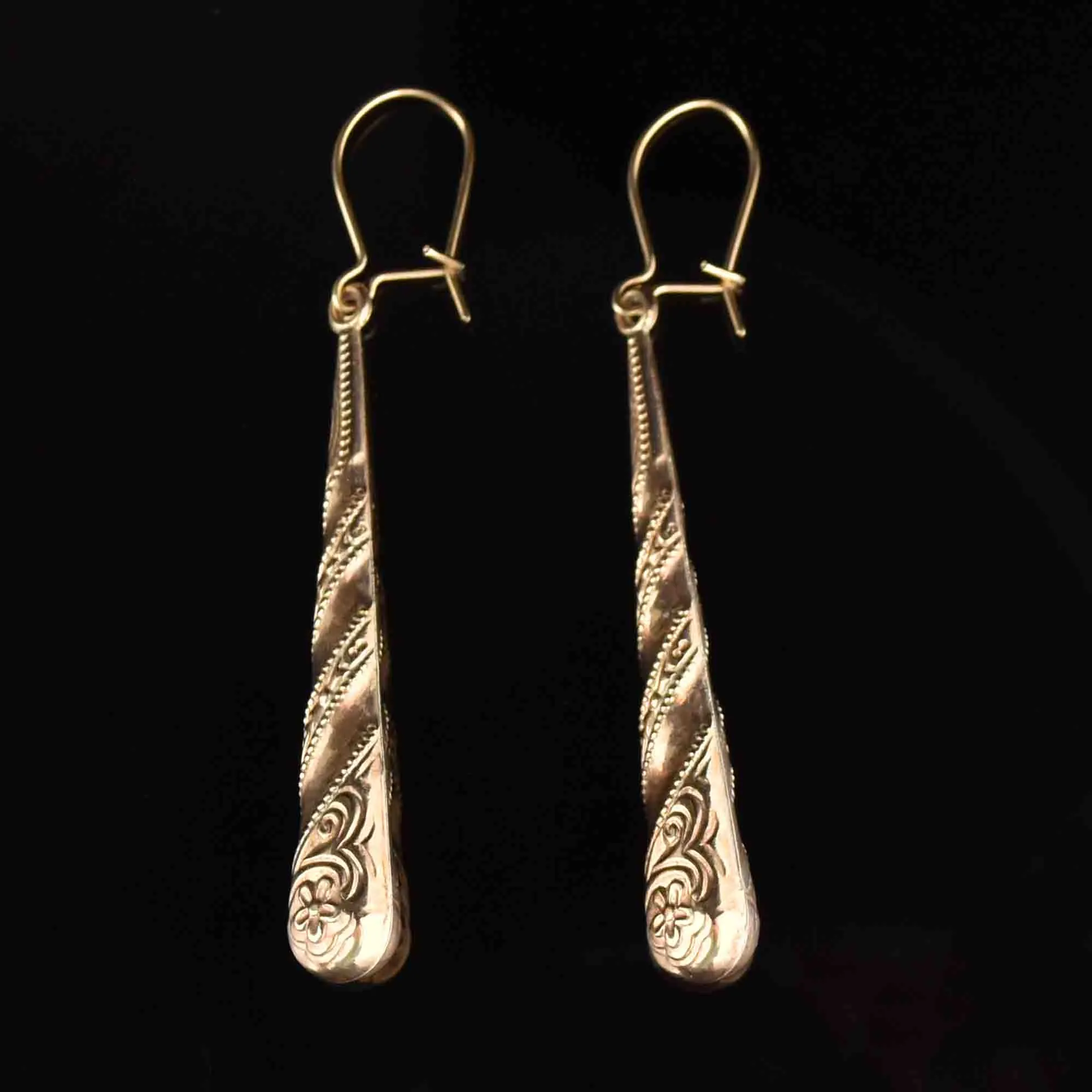 Antique Carved Floral 9K Gold Dangle Earrings