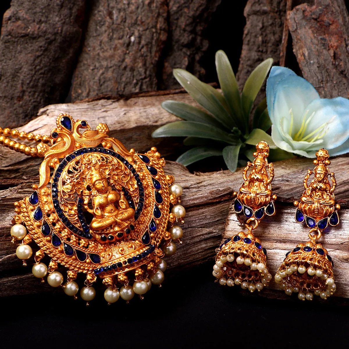 Antique Matte Gold Finish Goddess Laxmi Blue Stone Studded Temple Jewellery Set - Anikas Creation