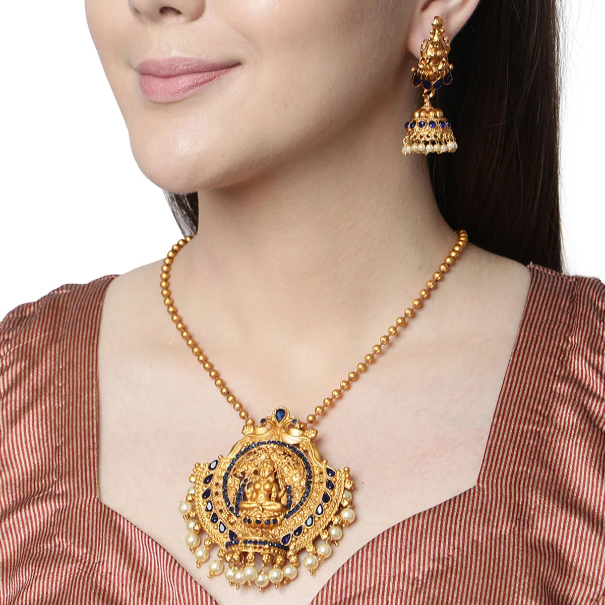 Antique Matte Gold Finish Goddess Laxmi Blue Stone Studded Temple Jewellery Set - Anikas Creation