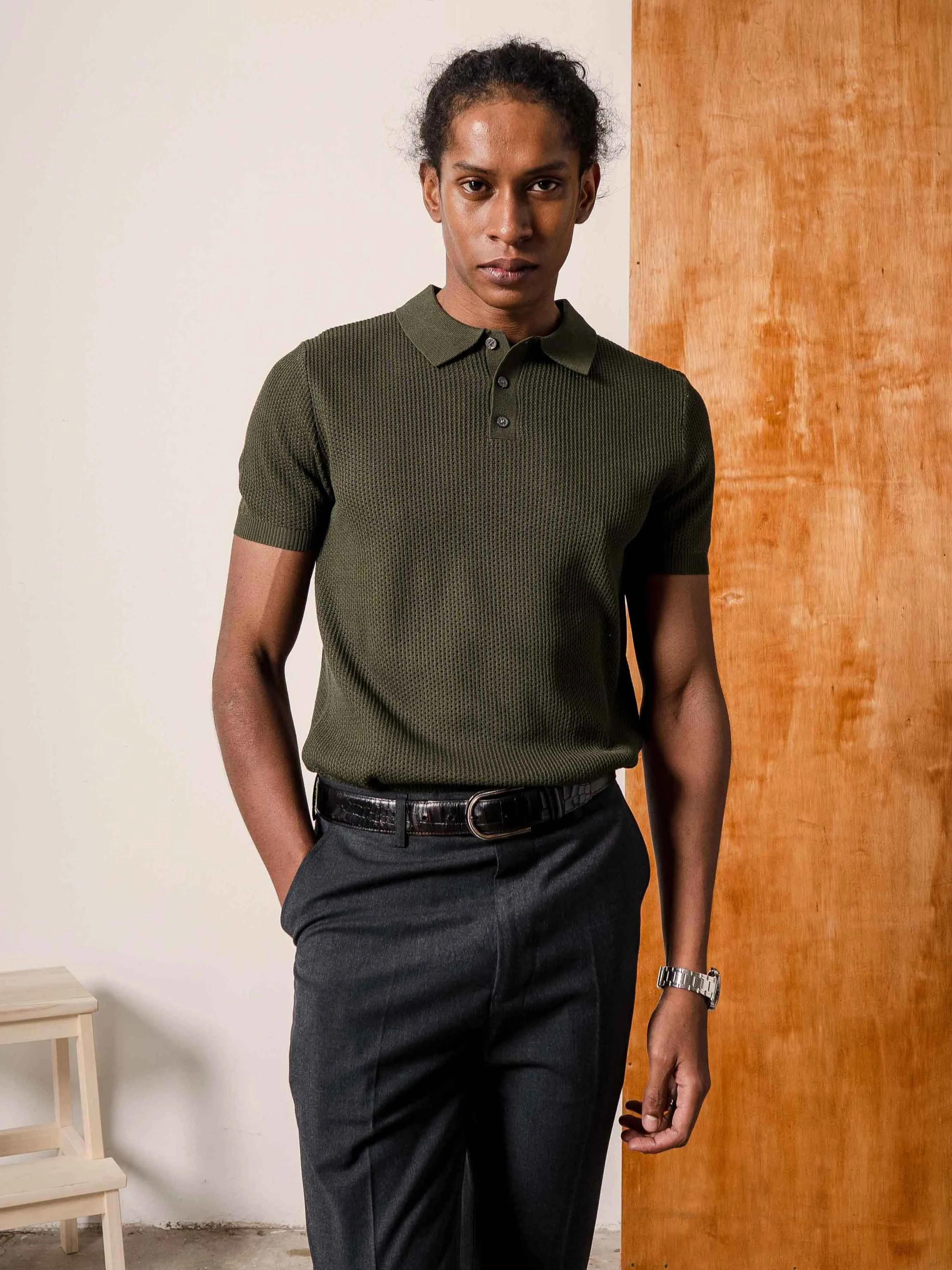 Antony Knit Polo Tee - Olive Green