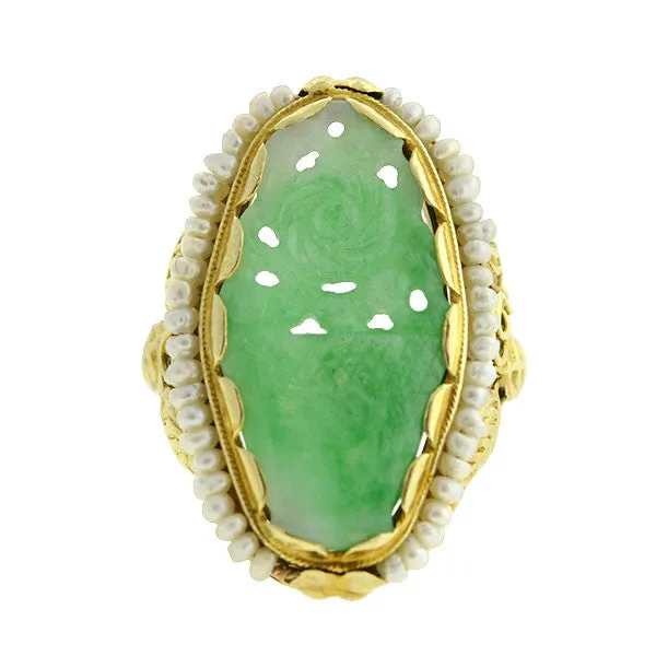 Art Deco Carved Jade & Seed Pearl Filigree Ring