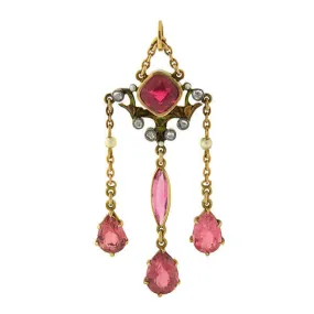 Art Nouveau 14kt Tourmaline & Diamond Lavalier Pendant