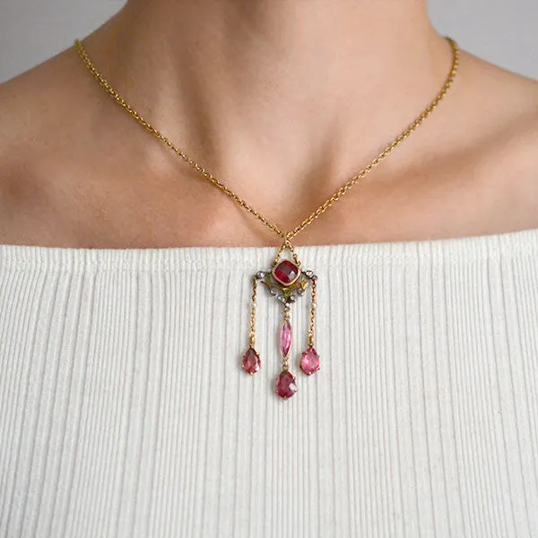 Art Nouveau 14kt Tourmaline & Diamond Lavalier Pendant