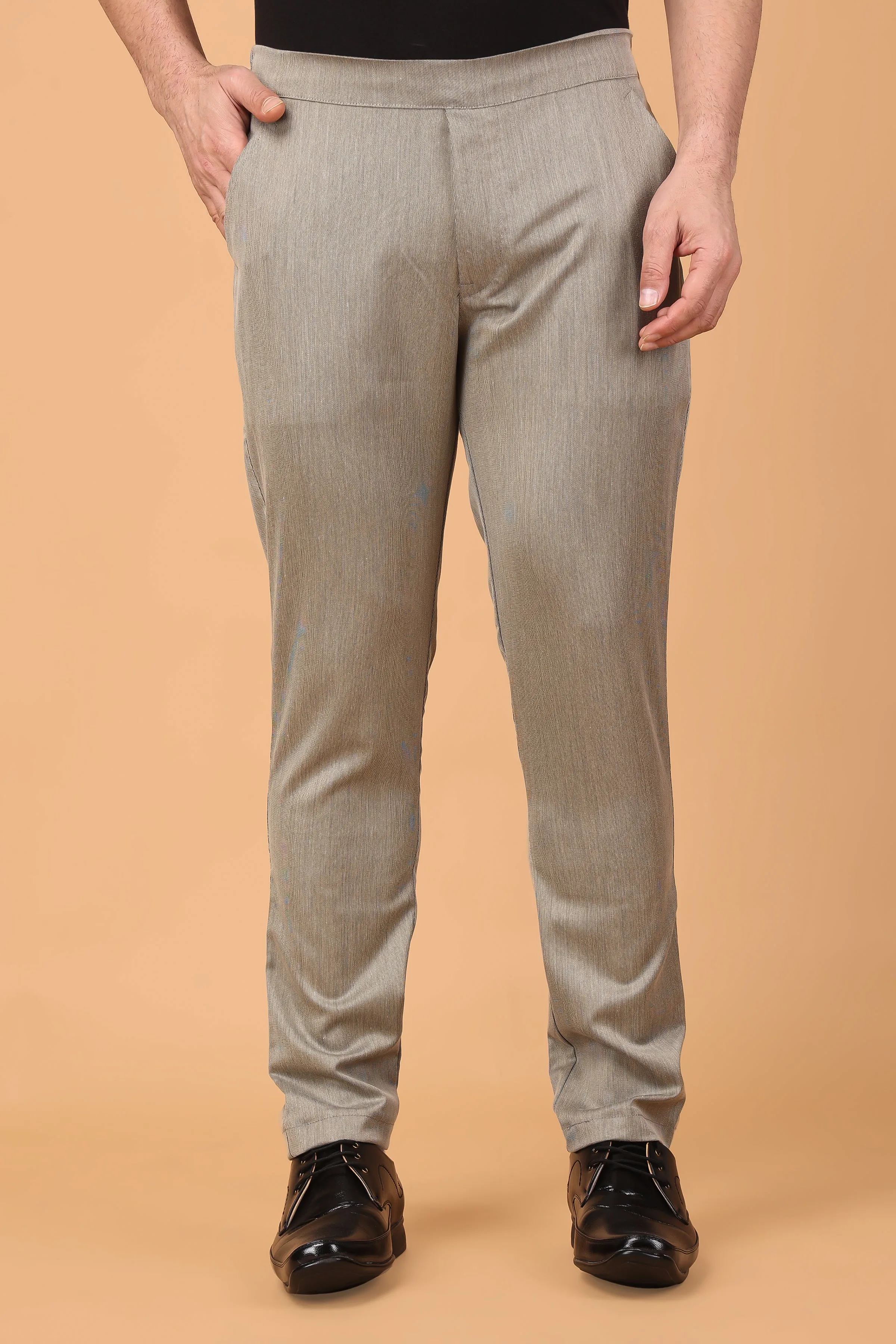 Beige Textured Comfort Fit Trousers