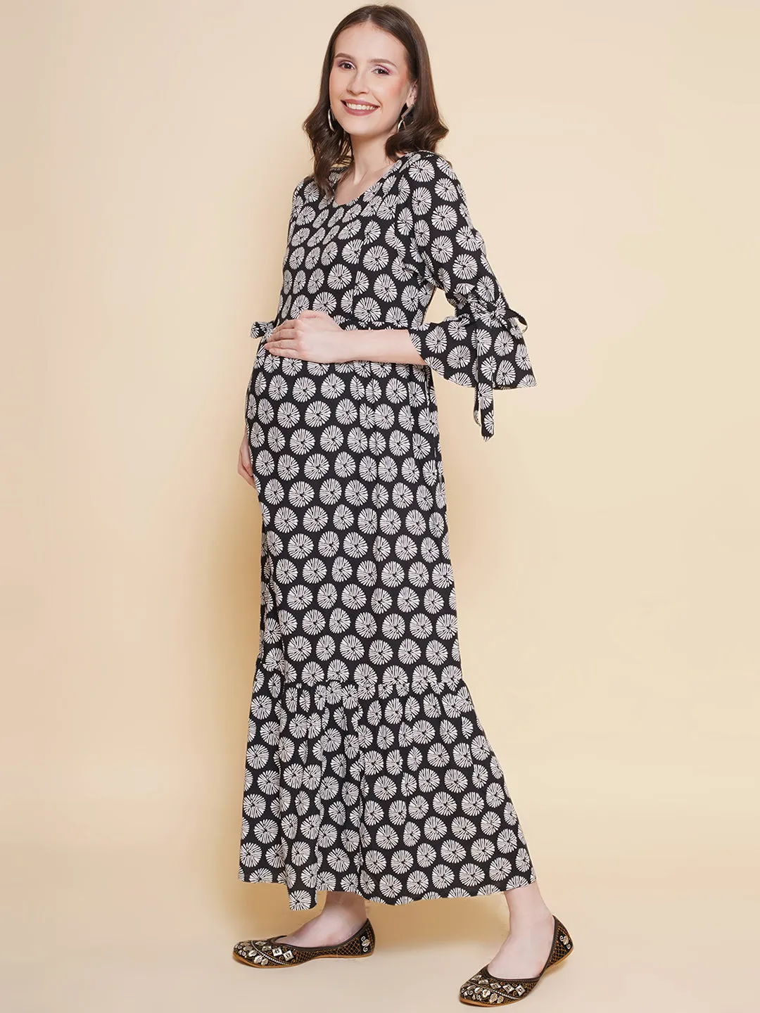 Black Floral Maternity and Nursing Maxi Dress