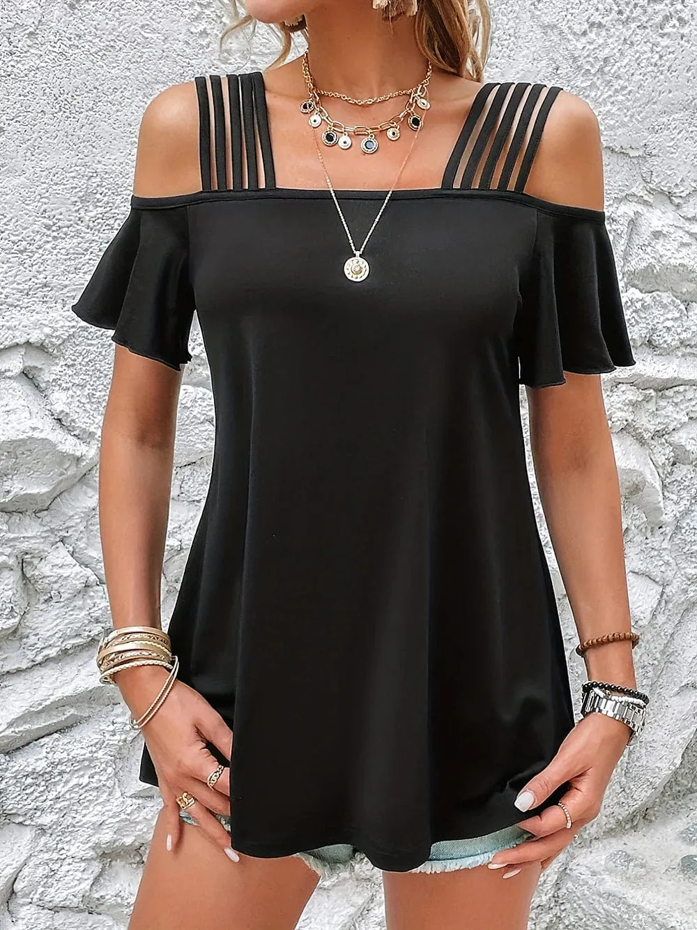 Black Off-Shoulder T-Shirt for Women with Cold Shoulder