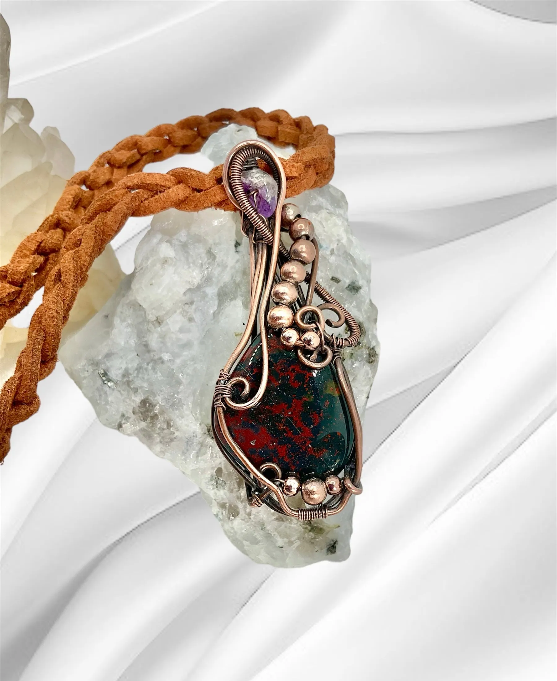 Bloodstone Wire Wrapped Pendant With Amethyst Accent