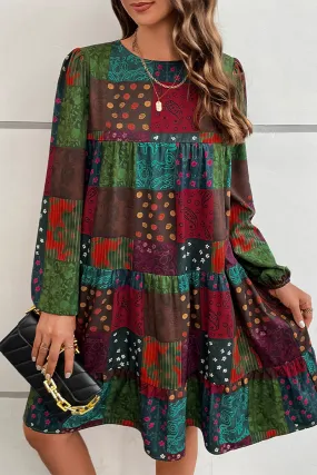 Bohemian College Print Patchwork O Neck Cake Skirt Dresses