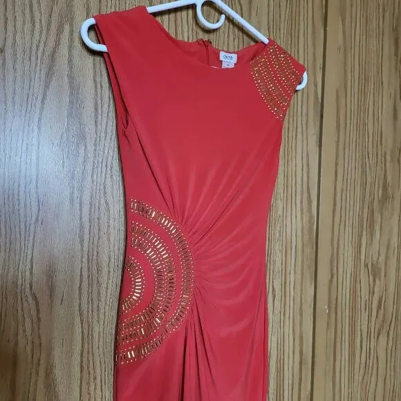 Bright Coral Latin Dress With Gold Embelishments