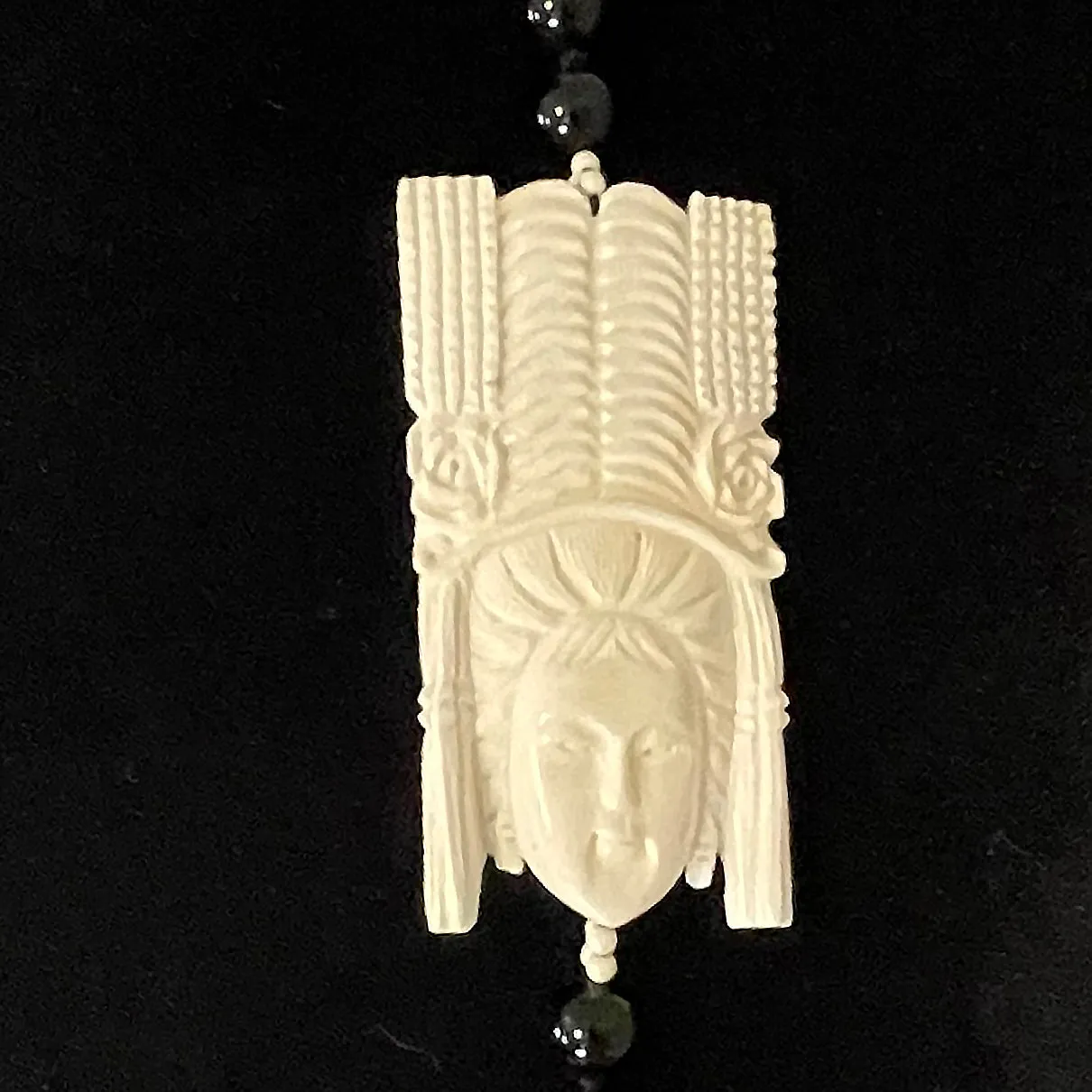 Carved Ivory Goddess & Black Onyx Necklace Vintage