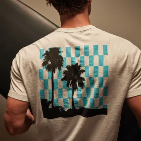 Checkered Palm Tree Graphic Tee - White/Blue Lagoon