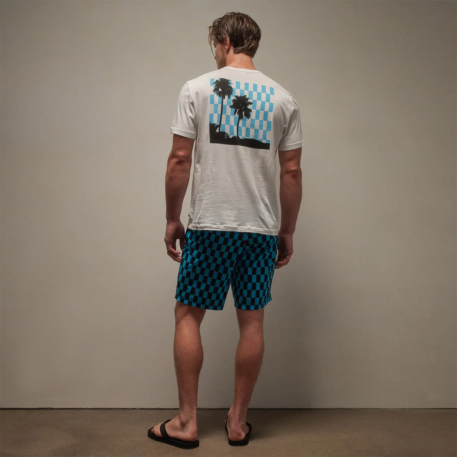 Checkered Palm Tree Graphic Tee - White/Blue Lagoon