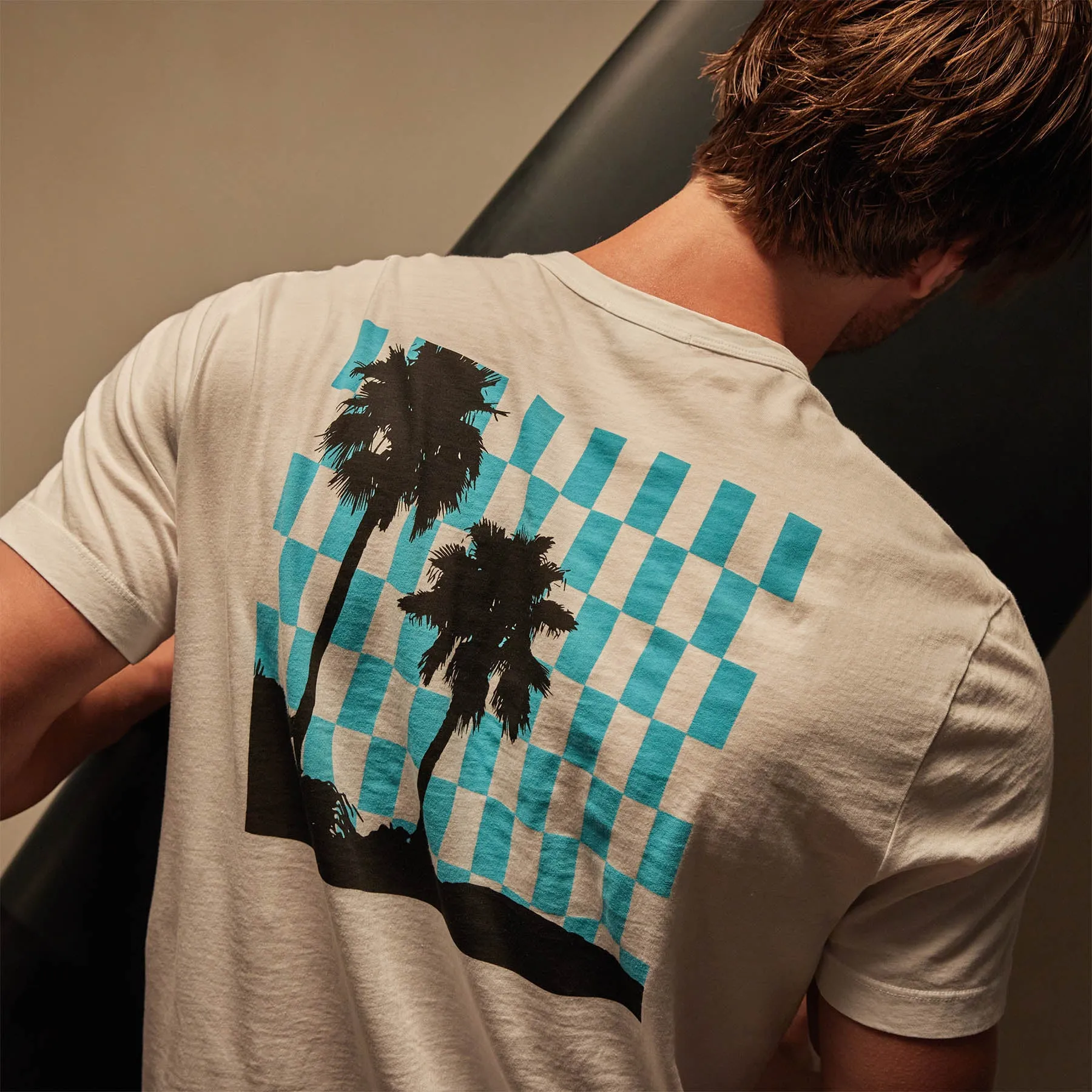 Checkered Palm Tree Graphic Tee - White/Blue Lagoon