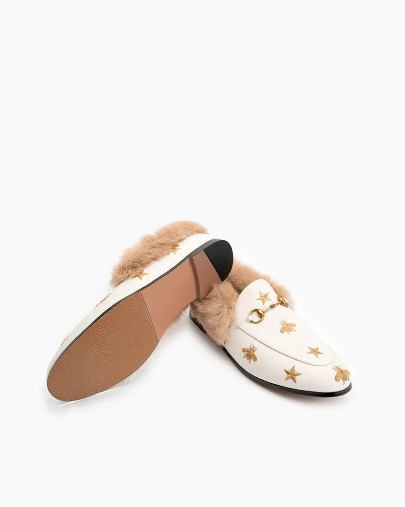 Classic Metal Buckle Bee Star Embroidered Fur Loafers