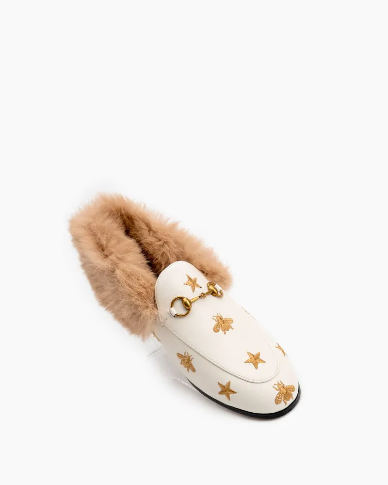 Classic Metal Buckle Bee Star Embroidered Fur Loafers