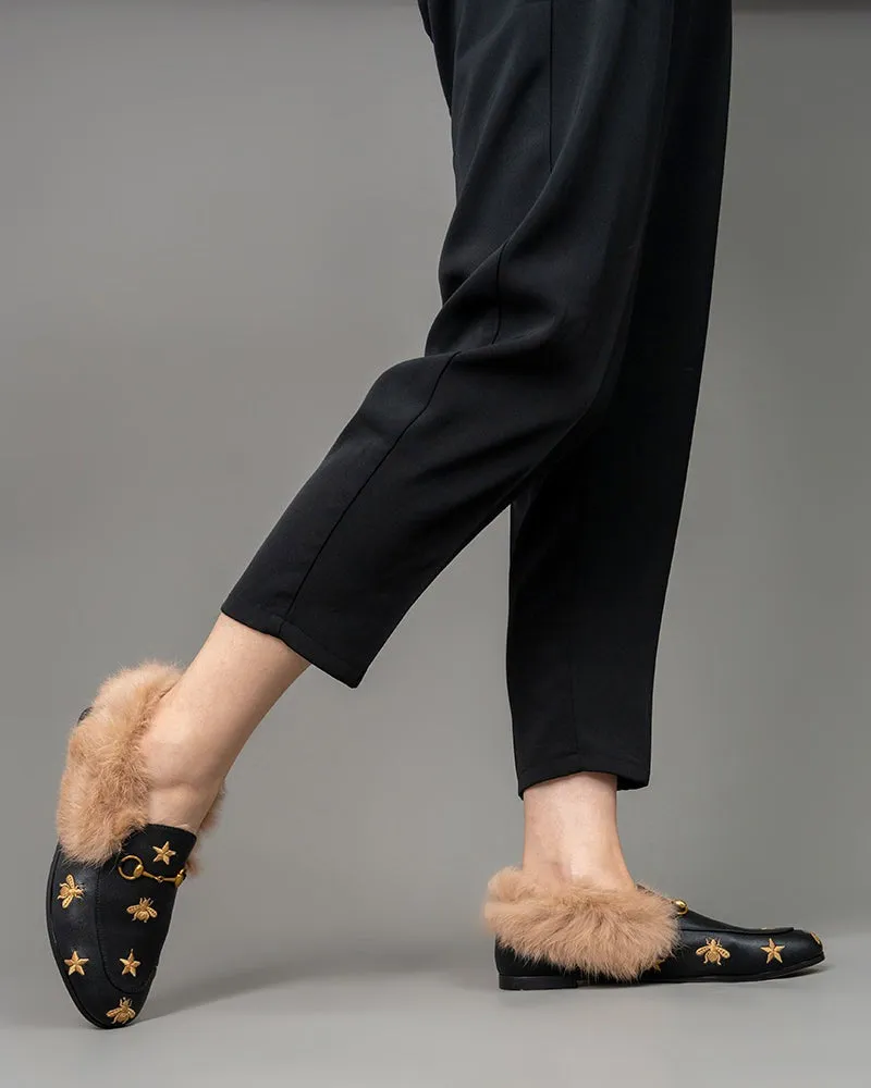 Classic Metal Buckle Bee Star Embroidered Fur Loafers