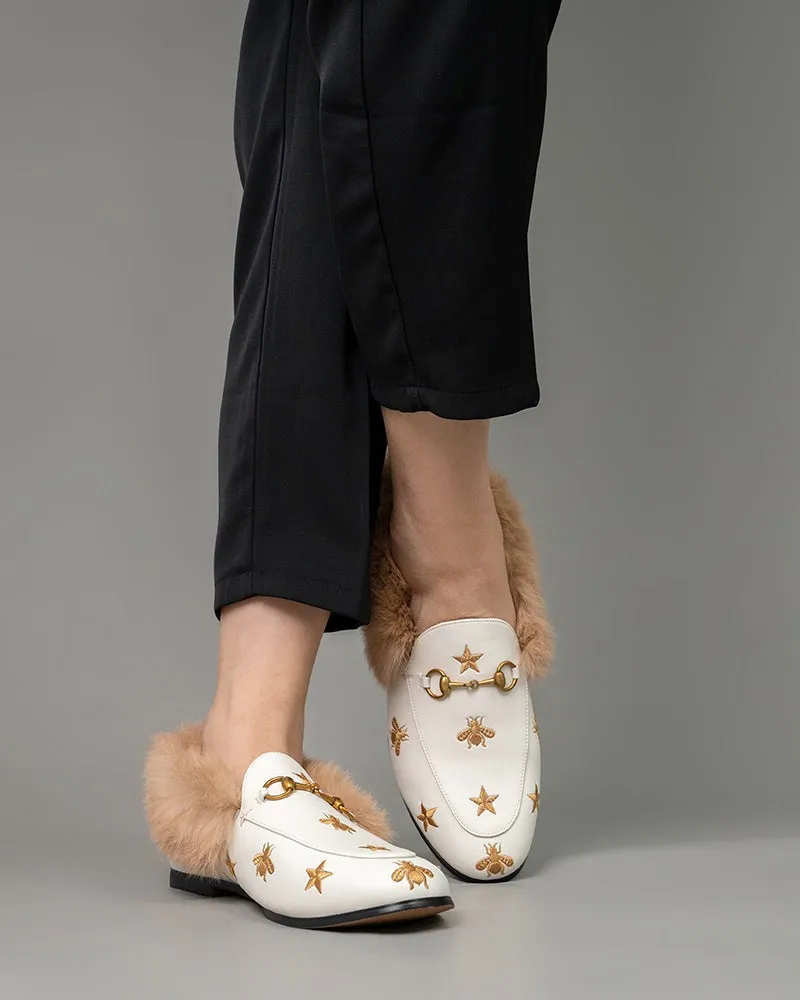 Classic Metal Buckle Bee Star Embroidered Fur Loafers