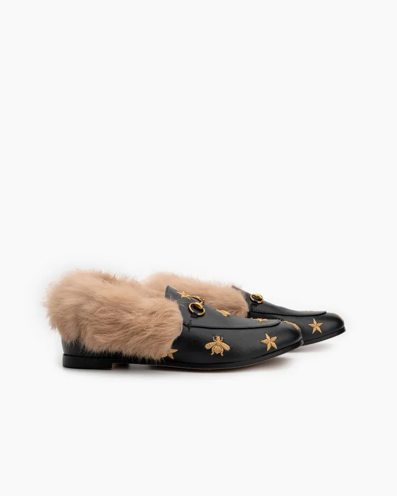 Classic Metal Buckle Bee Star Embroidered Fur Loafers