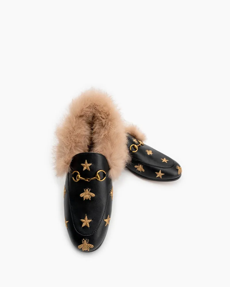 Classic Metal Buckle Bee Star Embroidered Fur Loafers