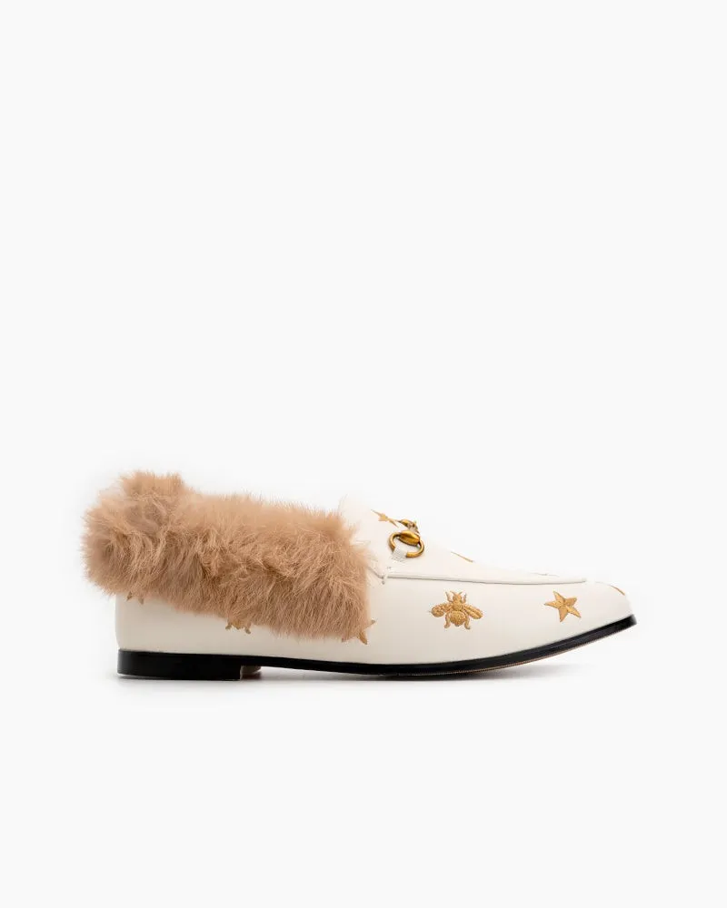 Classic Metal Buckle Bee Star Embroidered Fur Loafers