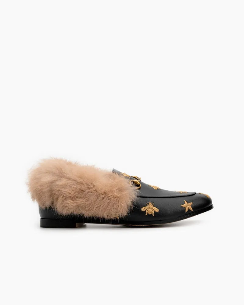 Classic Metal Buckle Bee Star Embroidered Fur Loafers