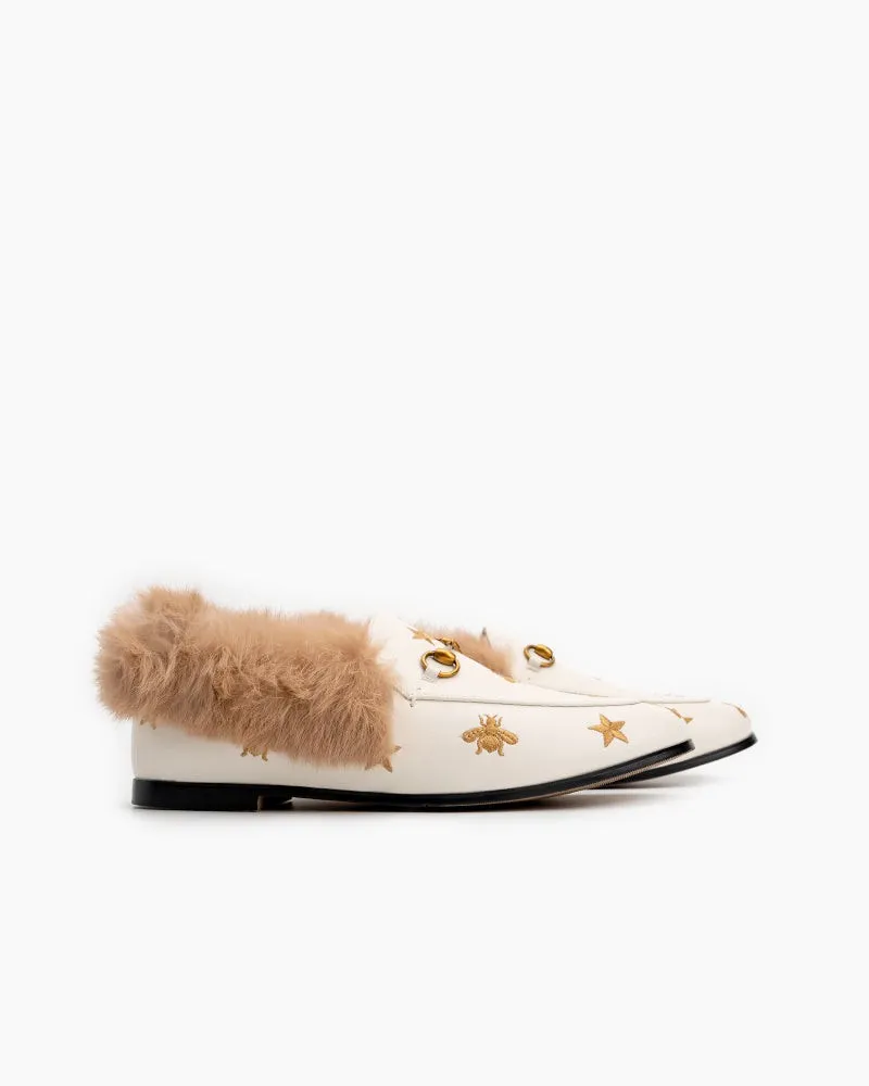 Classic Metal Buckle Bee Star Embroidered Fur Loafers