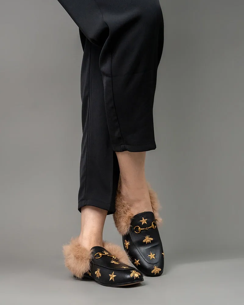 Classic Metal Buckle Bee Star Embroidered Fur Loafers