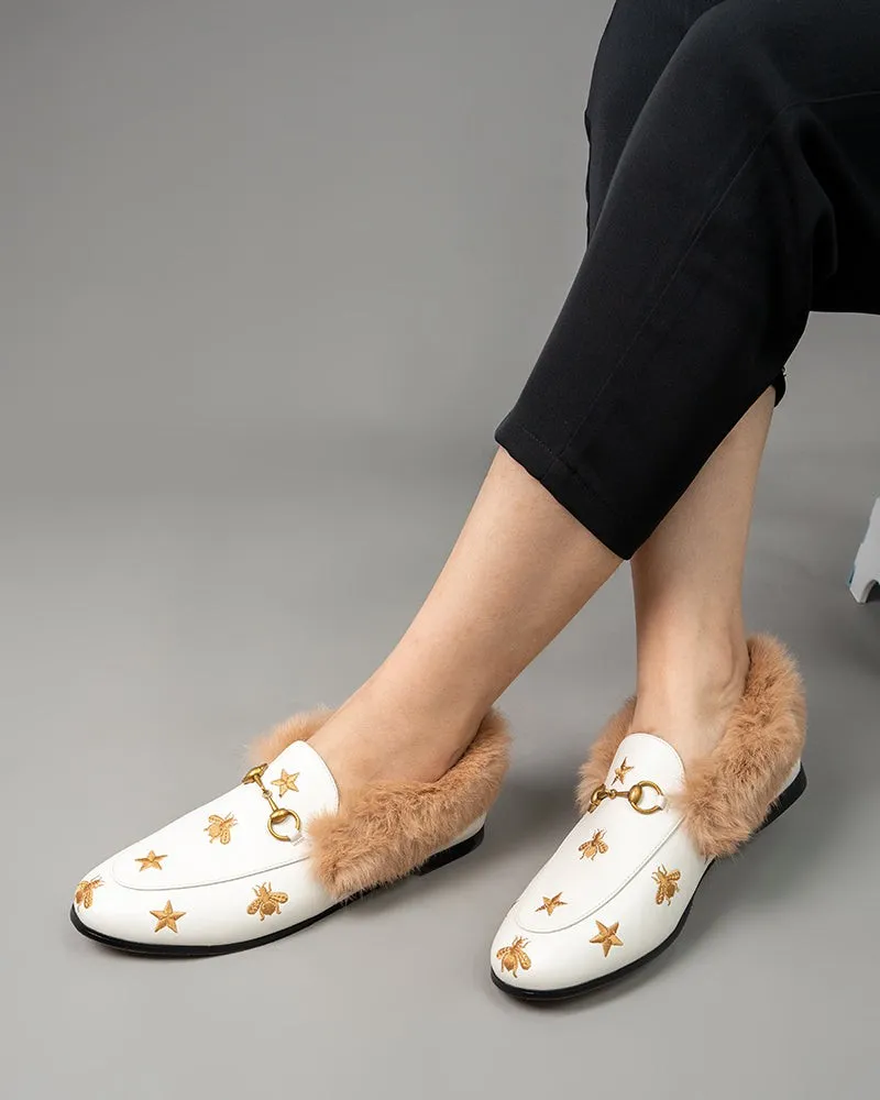 Classic Metal Buckle Bee Star Embroidered Fur Loafers